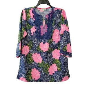 Jade Melody Tam Allover Floral Women's Woven Tunic Top L Bright Colorful Spring
